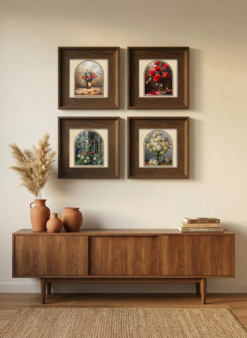 LOWHA Set of 4 Canvas Wall Art Stretched Over Wooden Frame with Vintage Brown Floating Frame and Arched Blooms Design